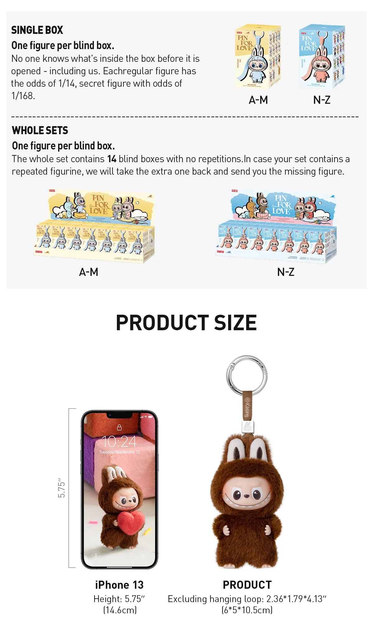 THE MONSTERS Pin for Love Series-Vinyl Plush Pendant Blind Box - Whole Set of 14 (A - M)