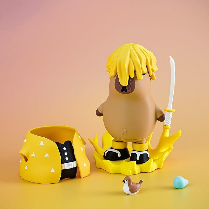 Capybara X Demon Slayer Zenitsu Agatsuma Action Figure with Magnet (Outfit Detachable)